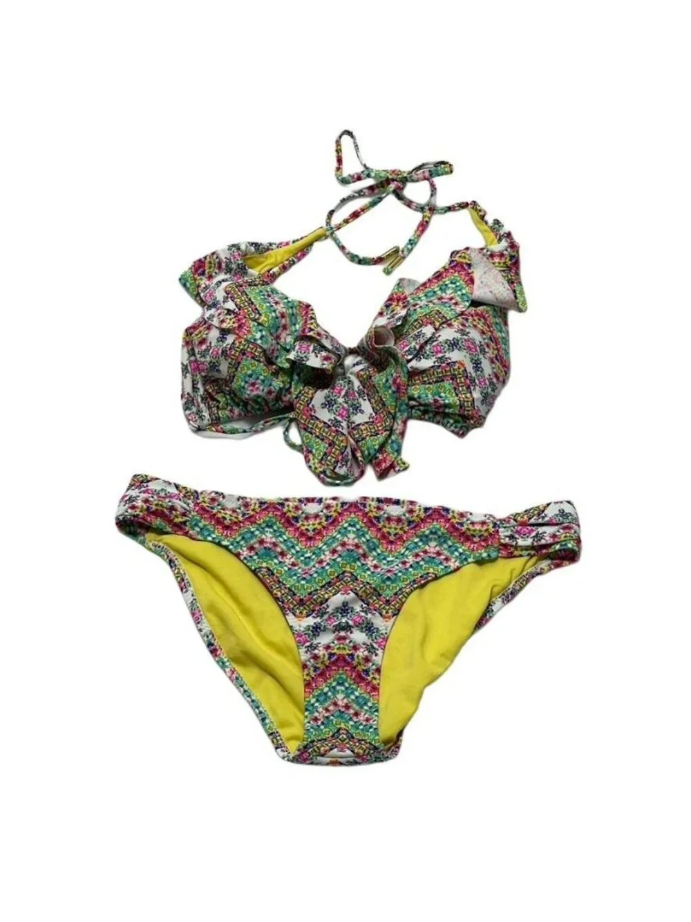 Jessica Simpson Ruffle Halter Bikini Set With Chevron & Floral Print XL